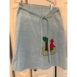 Vintage Light Blue Linen Blend Wrap Skirt with Pagoda & Tree Appliqué